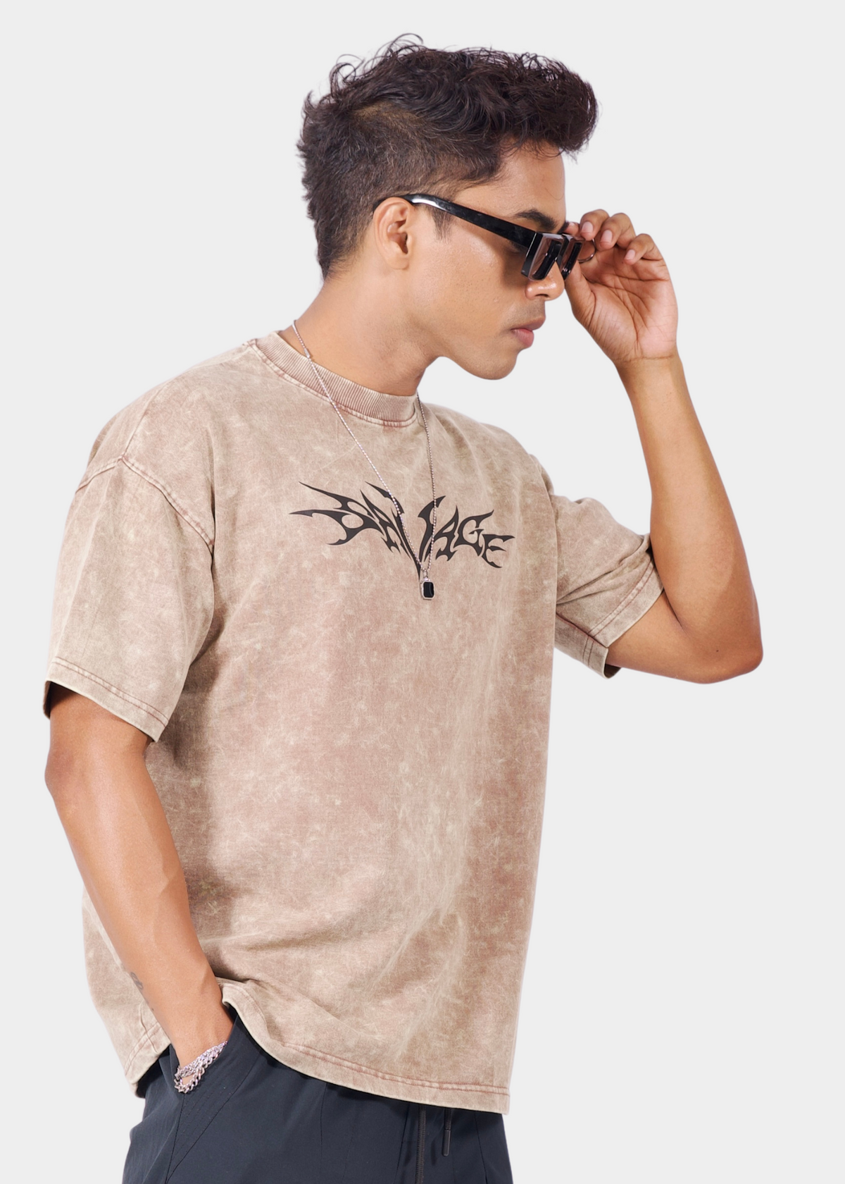 Savage Beige Acid Wash Unisex Oversized T-shirt