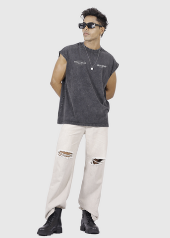 Solid Sleeveless Acid Wash Oversized Vest