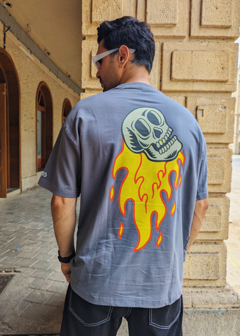 Skull Fire Grey Unisex Oversized T-shirt
